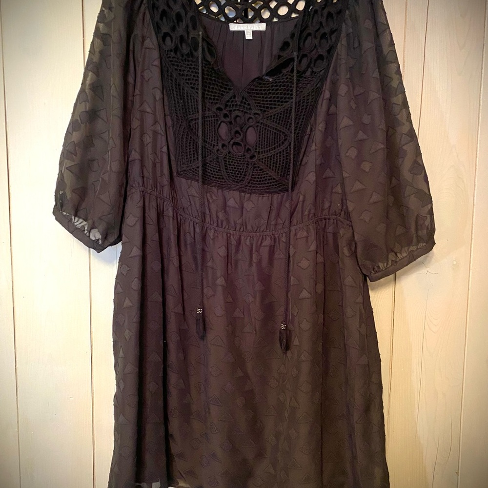 Daniel Rainn Black Midi Sundress with V-Neck Bishop Sleeves
